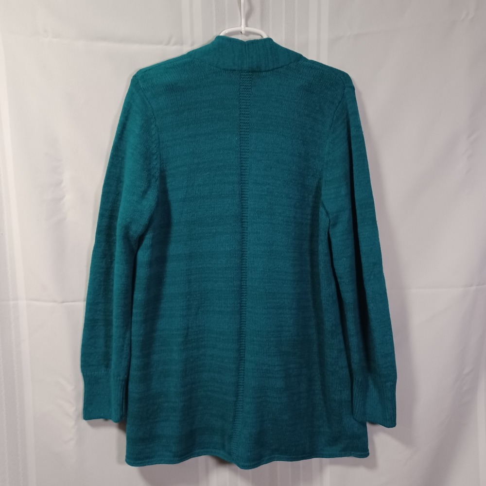 J. Jill Cardigan Womens M Oceanside Teal Open Front Woven Accent Back Sweater - Picture 2 of 15